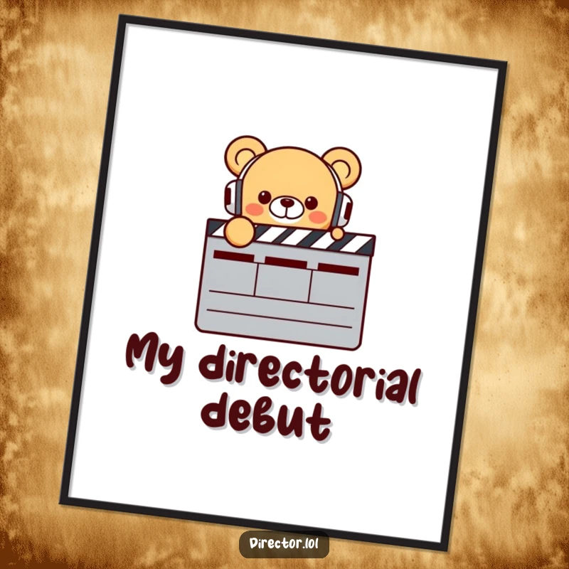 Funny Bear Director Digital Art: Tiny smiling bear with headphones enthusiastically points at a giant clapperboard, instantly adding cinematic humor to any room.