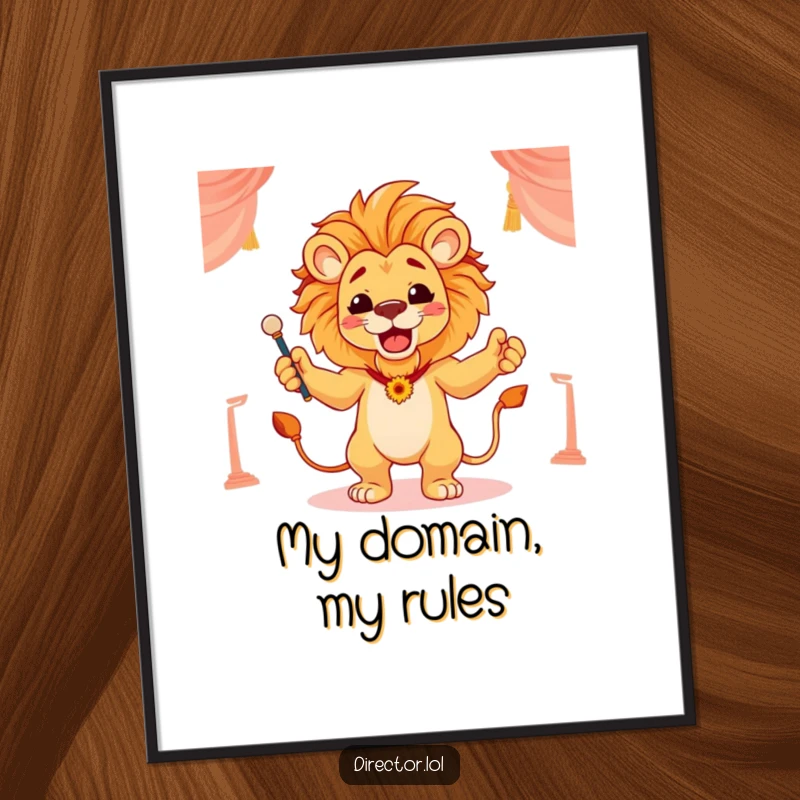 Funny digital art print of a proud lion conducting a scene with flourish, radiating power, artistry, and a touch of humor.
