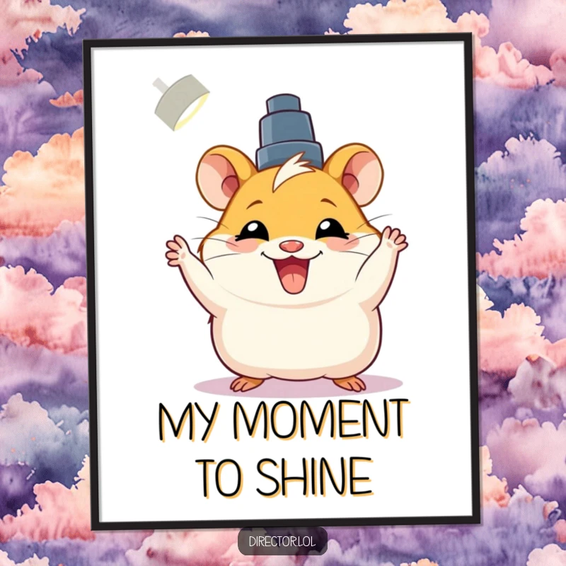 Funny digital art print of a joyful hamster adjusting a spotlight with a big grin, for instant download.