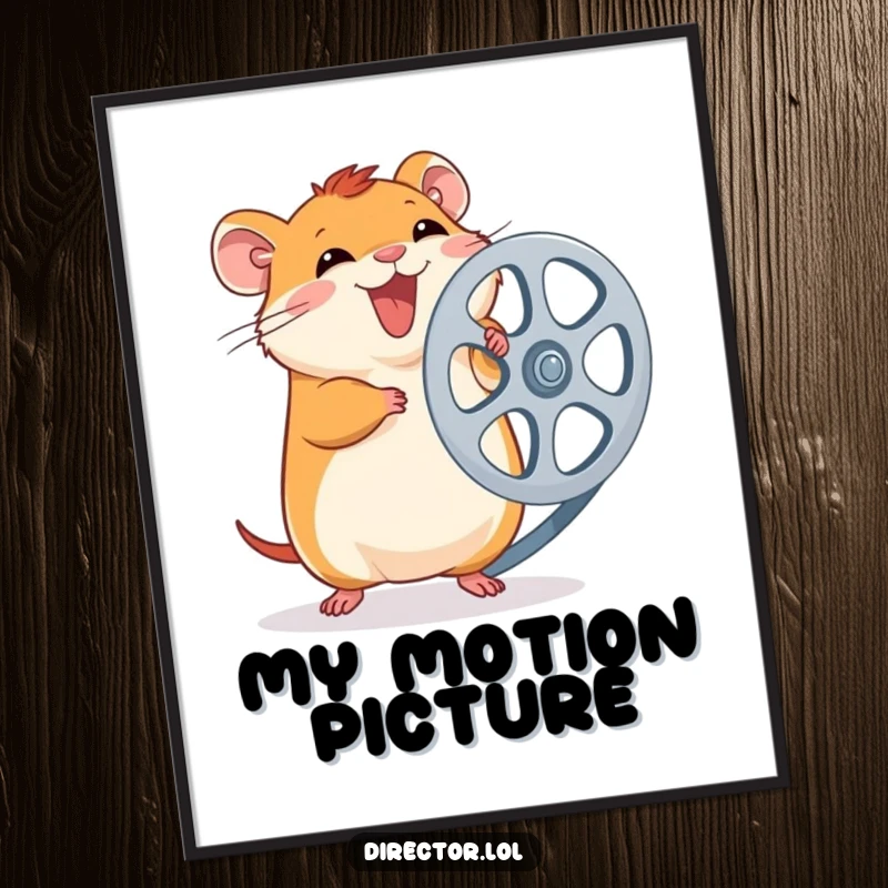 Funny Hamster Film Reel Digital Art: Giggling hamster spins a large film reel with excitement, bringing instant whimsical charm and cinematic humor.