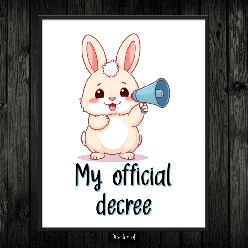 Funny fluffy bunny in a stylish beret, enthusiastically holding a miniature megaphone, ready to inspire on this downloadable digital art print.