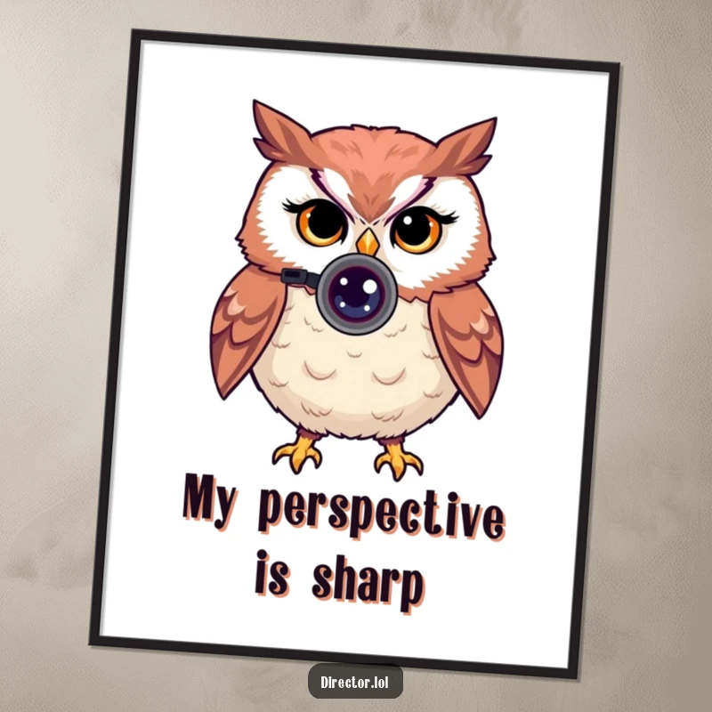 Funny digital art print of a proud owl peering through a tiny camera lens with a knowing wink, instant download.