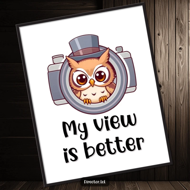 Funny owl wearing a top hat peeking through a large camera lens, a downloadable digital art print for whimsical decor.
