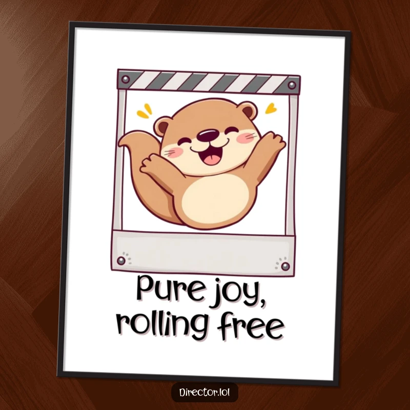Funny Digital Art: Cheerful otter sliding down a storyboard frame, radiating pure filmmaking excitement and joy.
