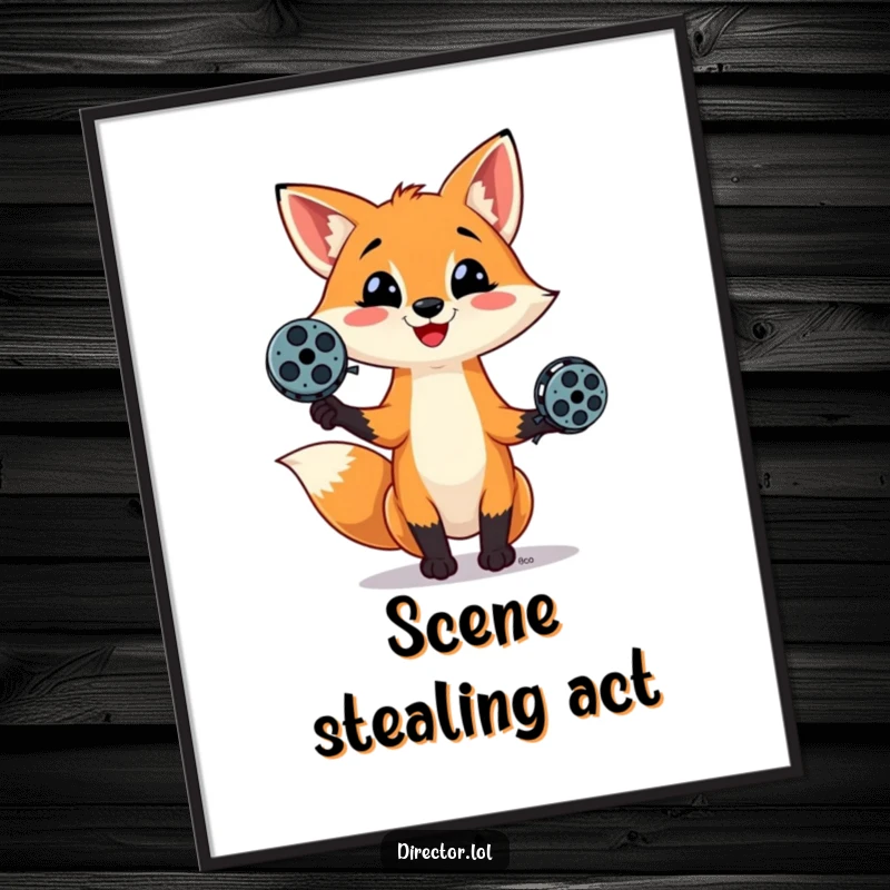 Funny digital art print of a mischievous fox juggling tiny film reels, perfect for instant playful cinematic wall decor.