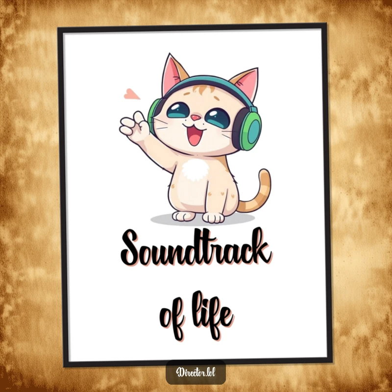 Funny digital art print of a cat with oversized headphones gesturing wildly, for instant humorous music-themed decor.