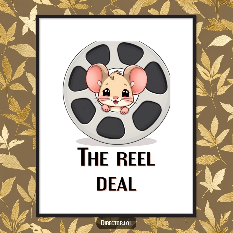 Funny mouse film reel digital art, a curious cartoon mouse peeking excitedly from behind a giant film reel, creating a vibrant and humorous scene.