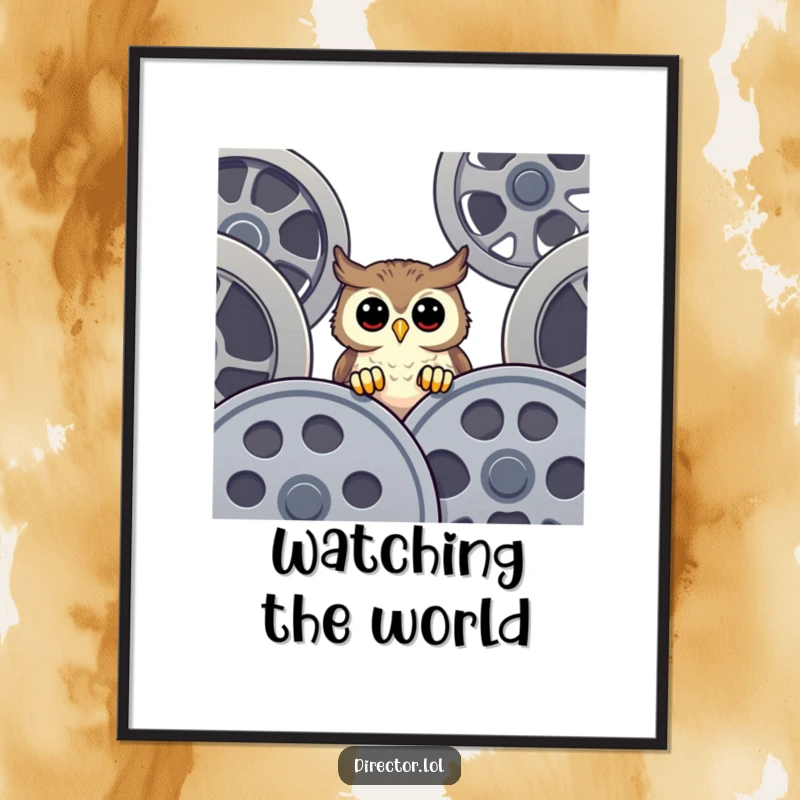 Funny Digital Art of a happy owl peeking over giant film reels, bringing a curious and humorous cinematic vibe to any room.