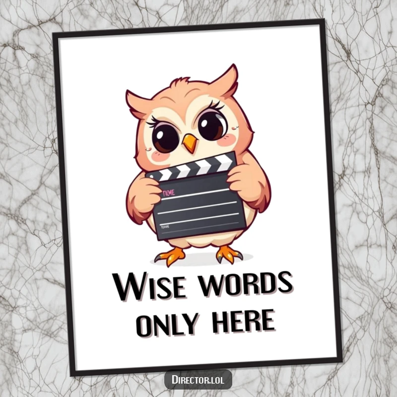 Funny digital art print of a giggling owl holding a clapperboard, a whimsical piece conveying pure, infectious amusement.