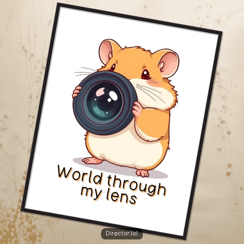 Funny digital art print of a focused hamster meticulously adjusting an oversized camera lens, photography humor.