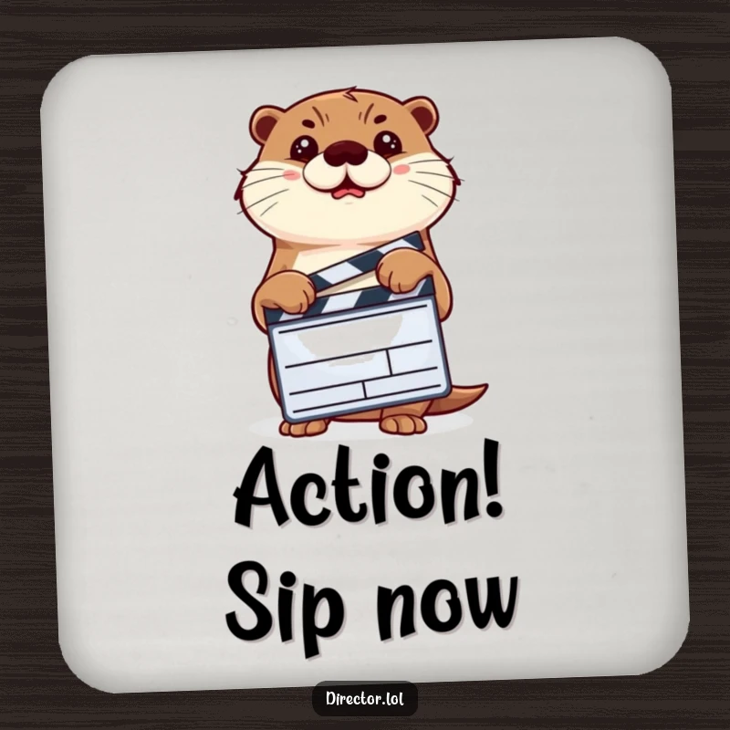 Funny determined otter holding a clapperboard, a humorous movie-themed drink coaster.