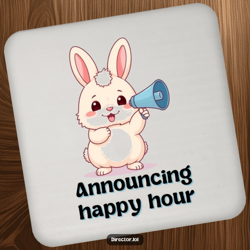 Funny bunny with a beret, holding a tiny megaphone to announce drink specials on this protective and amusing drink coaster.