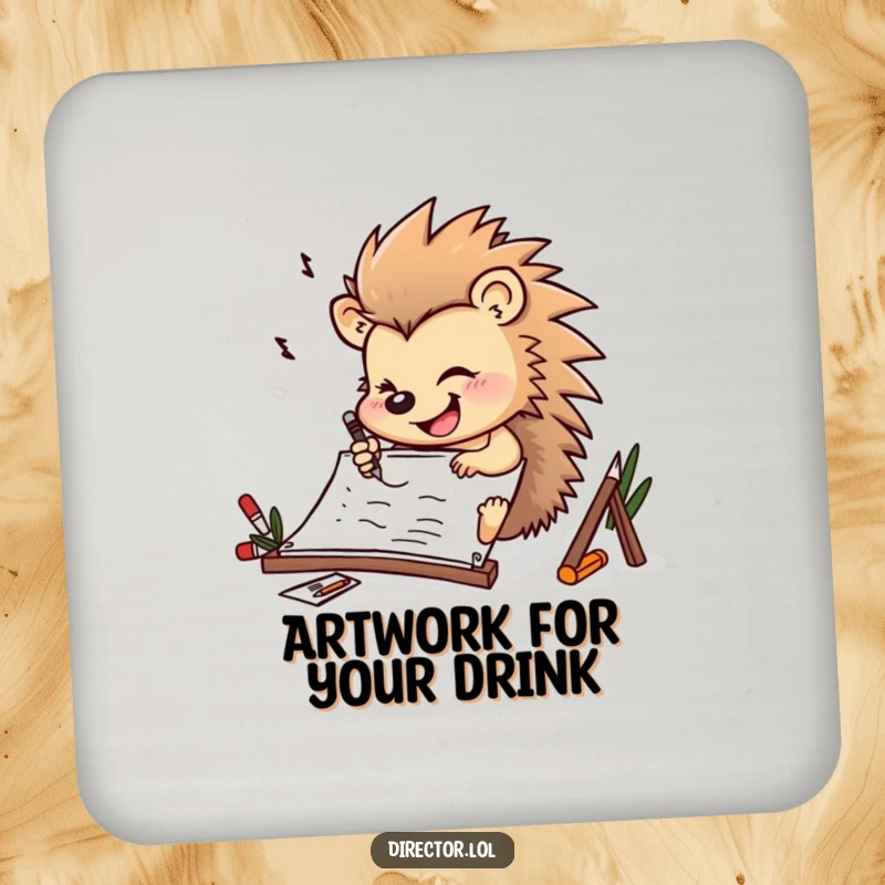 Funny determined hedgehog drawing furiously on a storyboard with a cheerful smile on this artistic and protective drink coaster.