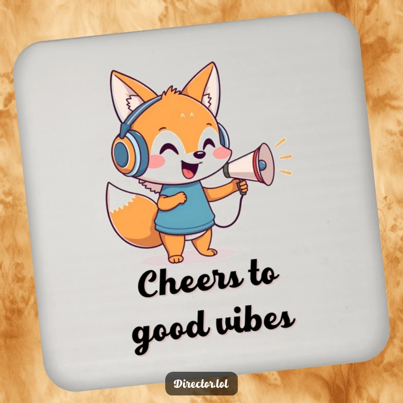 Funny drink coaster featuring a cartoon fox in headphones directing with a tiny megaphone, adding a theatrical vibe.