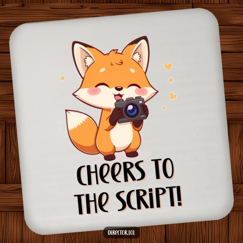 Funny Fox Director Coaster: Charming fox holding a script gestures with a prop camera, protecting surfaces with cinematic humor, a funny gift.