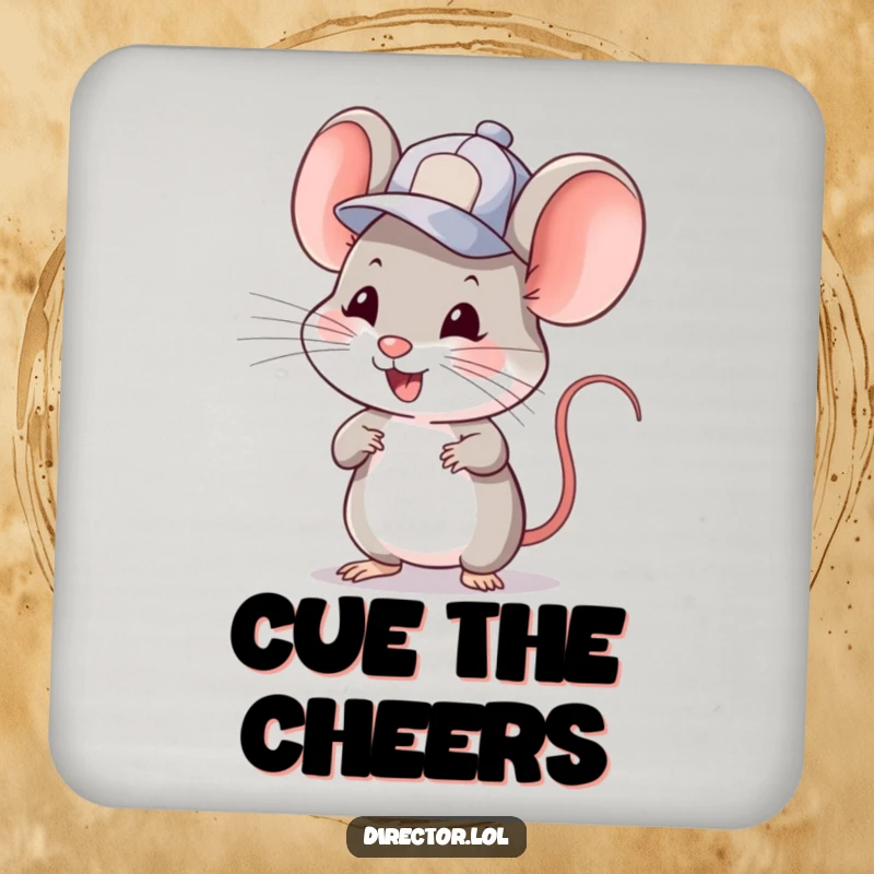 Funny mouse in a tiny cap winking and gesturing to cue a scene. A humorous and protective drink coaster, funny gift.
