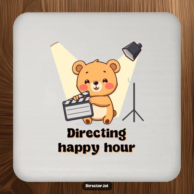 Funny Bear Cub Coaster: Cute bear cub points clapboard at spotlight, protecting surfaces with movie flair.