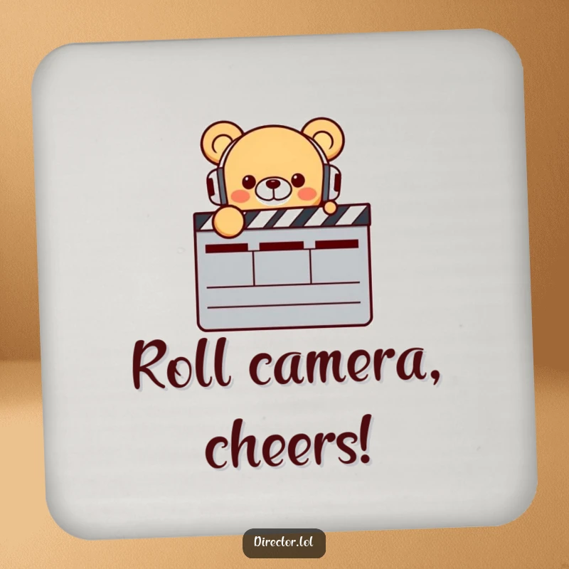 Funny Bear Director Coaster: Tiny smiling bear with headphones points at a clapperboard, protecting surfaces with cinematic humor, a funny gift.
