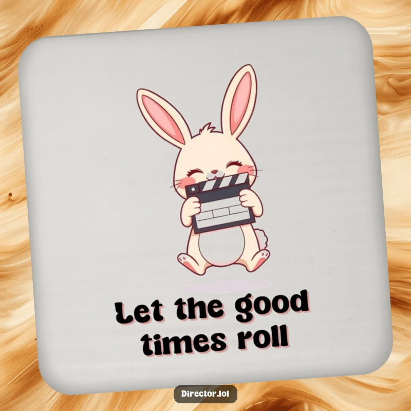 Funny drink coaster featuring a giggling cartoon bunny holding a clapboard, jumping with pure cinematic delight.