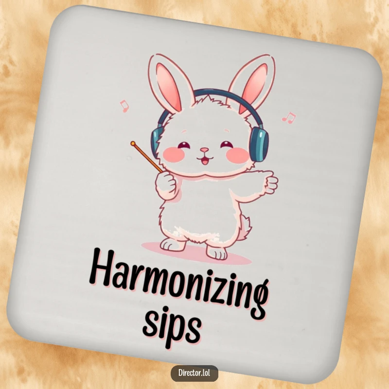 Funny bunny conductor coaster, protects surfaces, shows a fluffy bunny wearing headphones, enthusiastically conducting an invisible orchestra with a tiny baton.