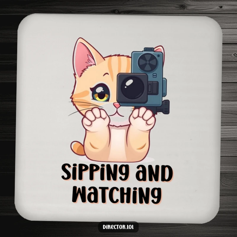 Funny Drink Coasters featuring a curious cat pawing at a movie camera, adding a humorous and protective element to your beverage station.