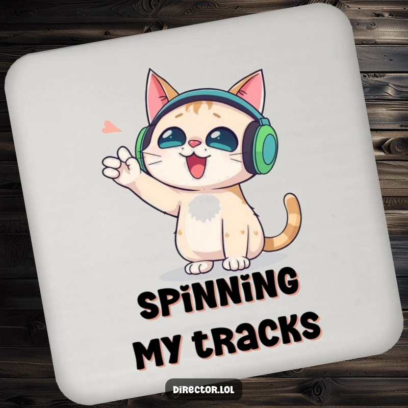 Funny drink coaster with a cat wearing oversized headphones, gesturing wildly, protecting surfaces with musical flair.