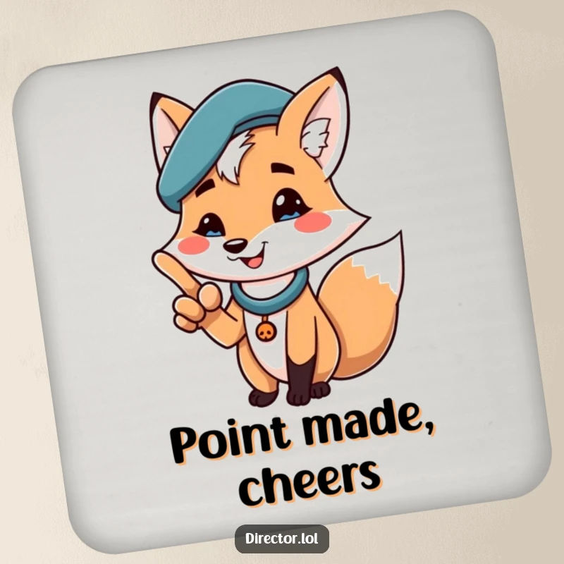 Funny drink coaster featuring a cheerful fox in a beret, dramatically pointing with a proud smile, protecting surfaces with humor.