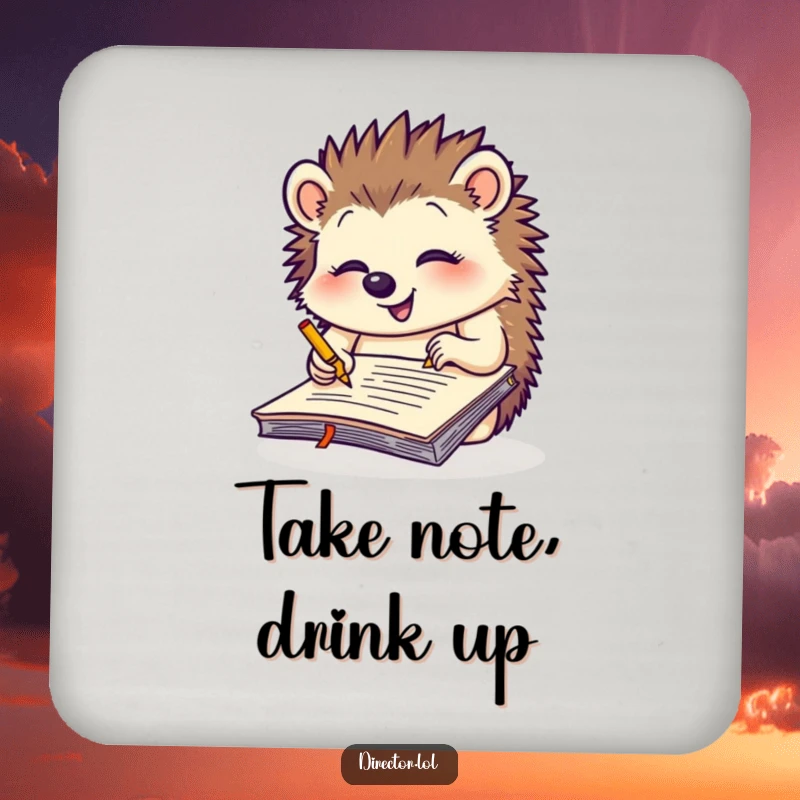 Funny giggling hedgehog scribbling notes on a giant yellow notepad, a humorous drink coaster for protecting surfaces with creative flair.