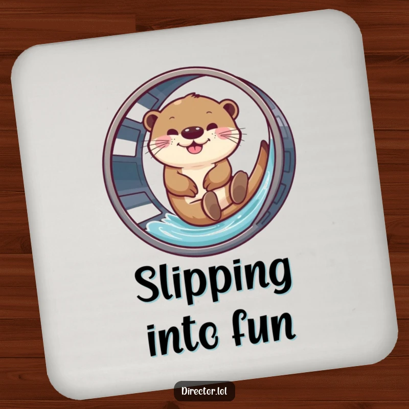 Funny coaster showing a joyful otter sliding down a film reel, a delightful movie-themed protector.
