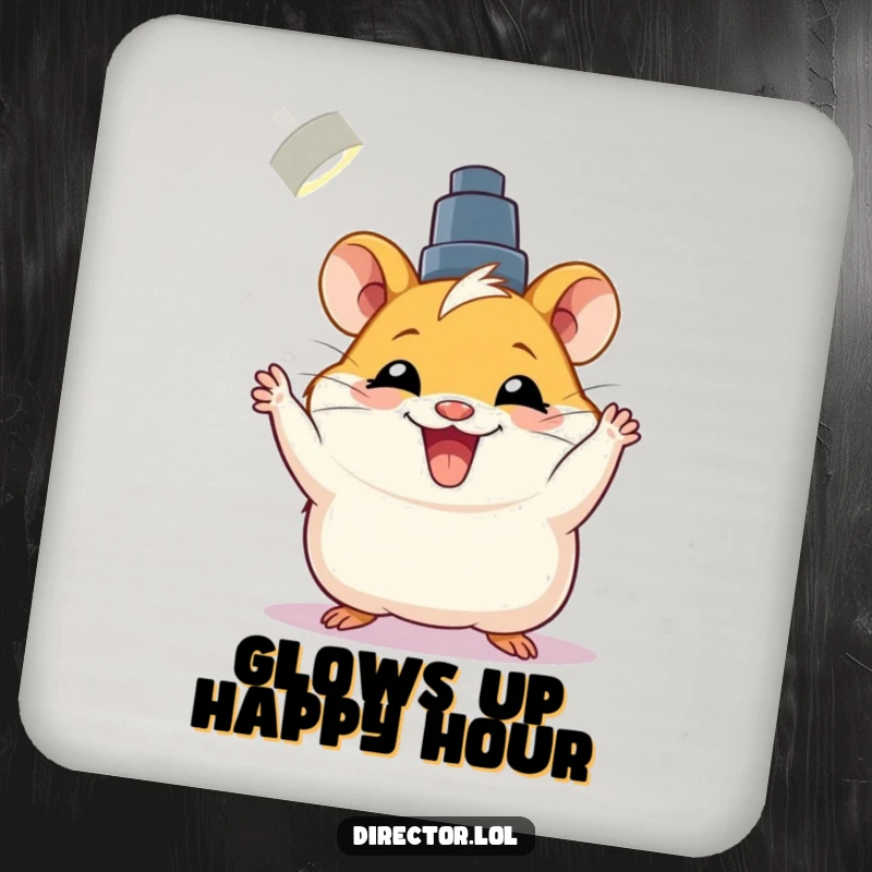 Funny drink coasters with a joyful hamster adjusting a spotlight with a big grin, protecting surfaces.