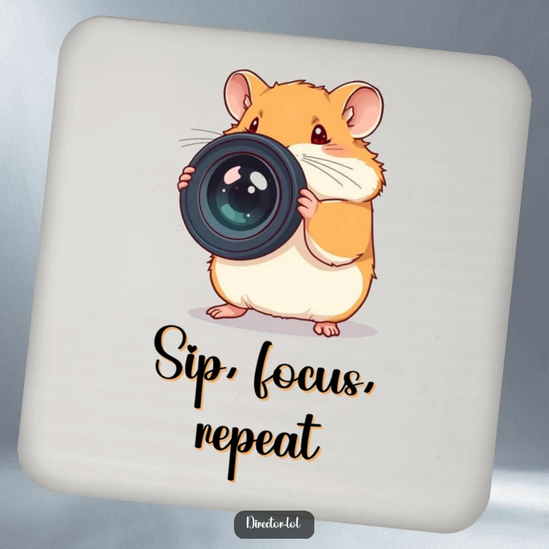 Funny coaster with a determined hamster adjusting a huge camera lens, a delightful photo accessory.