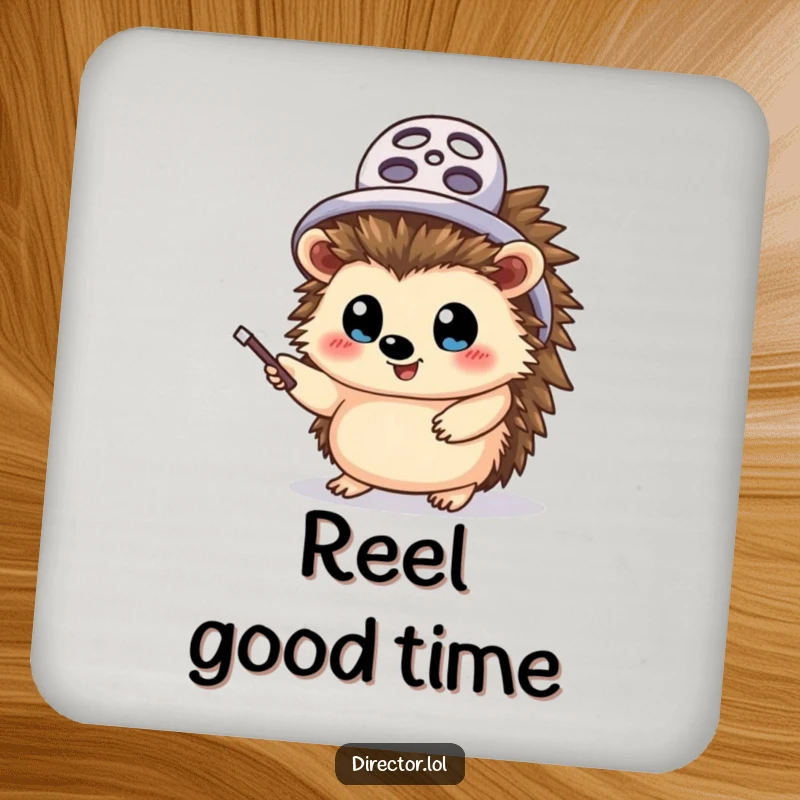 Funny hedgehog director coaster, protects surfaces, shows a cheerful hedgehog wearing a tiny film reel hat, waving a pointer stick with wide eyes.
