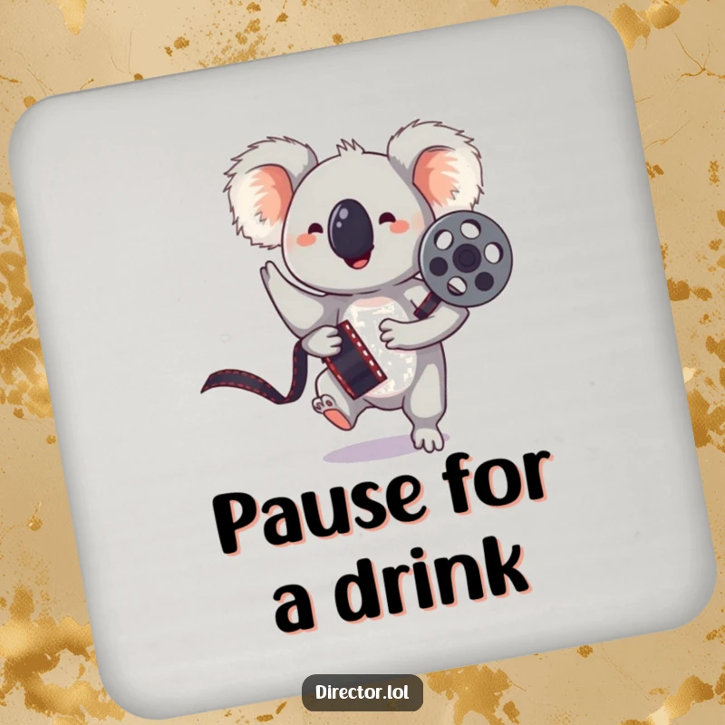 Funny drink coasters featuring a bouncing koala holding a film reel, striking a playful pose, protecting furniture.