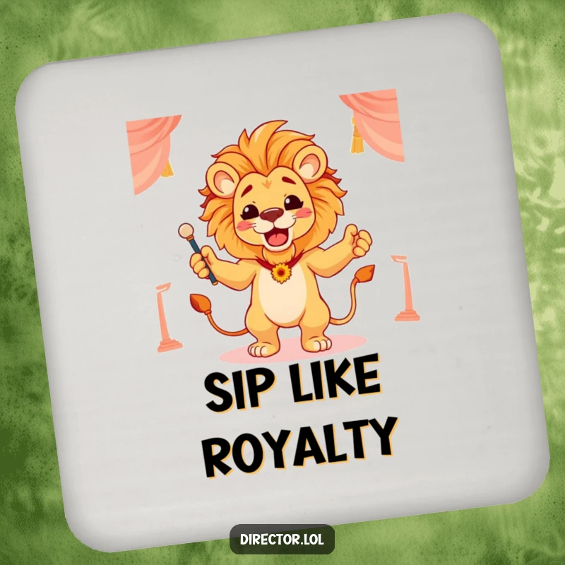 Funny coasters featuring a proud lion conducting a scene with flourish, adding regal charm to any setting.