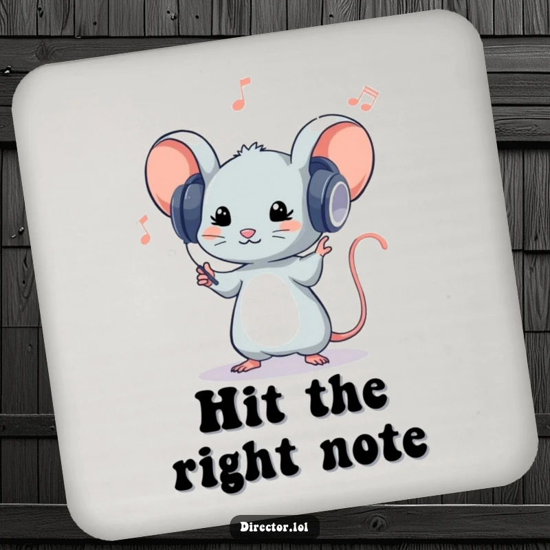 Funny drink coasters featuring a tiny mouse in oversized headphones conducting an invisible orchestra, adding musical charm to any surface.