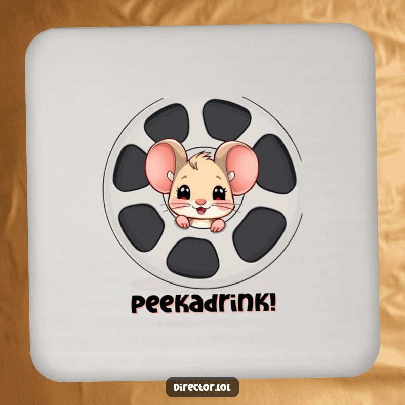Funny mouse film reel coaster, a curious cartoon mouse peeking from behind a giant film reel, adding a touch of cinematic excitement.