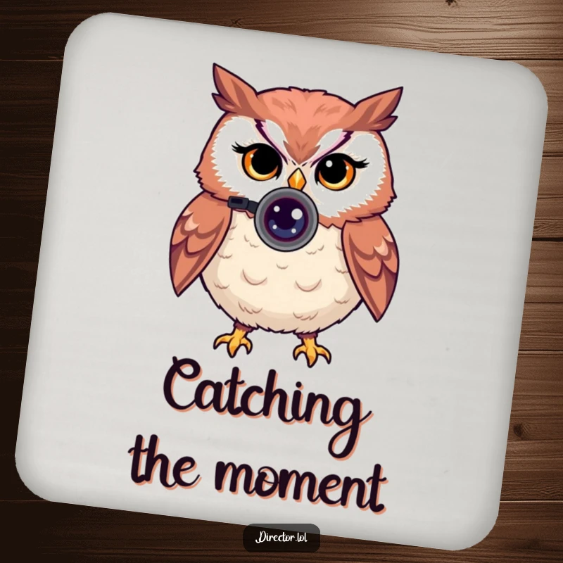 Funny drink coasters with a proud owl looking through a camera lens, giving a knowing wink, protecting surfaces.
