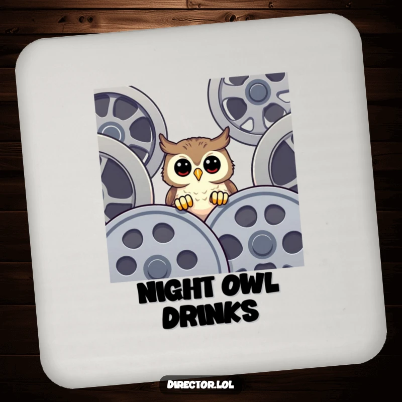 Funny Drink Coasters featuring a curious owl overlooking film reels, providing humorous and practical protection for your surfaces.