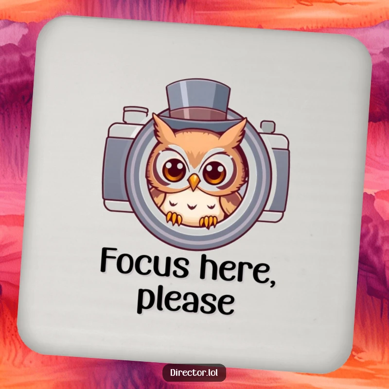 Funny owl in a top hat peeking through a camera lens, a humorous drink coaster for protecting surfaces with artistic flair.