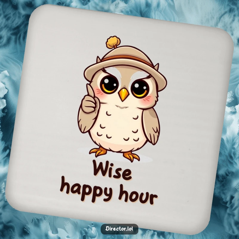 Funny drink coaster with a happy owl wearing a tiny hat, dramatically gesturing with a miniature pointer, protecting surfaces with intellectual humor.