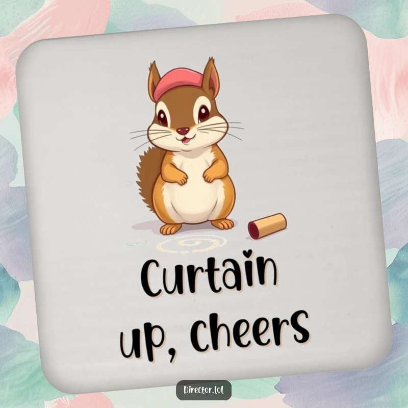 Funny Coaster: A squirrel wearing a beret chalks theatrical markings, a humorous artistic touch for your tabletop.