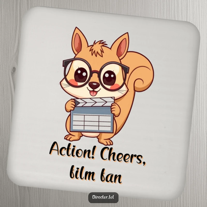 Funny squirrel with spectacles, holding a clapboard with wide, curious eyes, ready to call 'action' on spills with this drink coaster.
