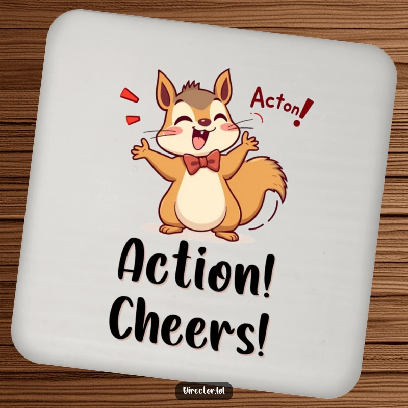 Funny Squirrel Director Coaster: A squirrel in a bow tie enthusiastically shouts Action! guarding your drinks with flair.