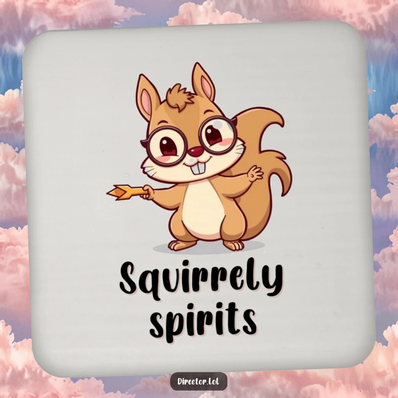 Funny squirrel coaster featuring a mischievous squirrel wearing a monocle, enthusiastically pointing with a tiny arrow.