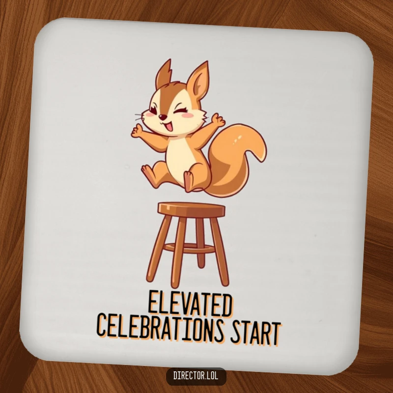 Funny Squirrel Coaster: A coaster featuring a squirrel leaping onto a high stool with intense focus, a symbol of dedication.