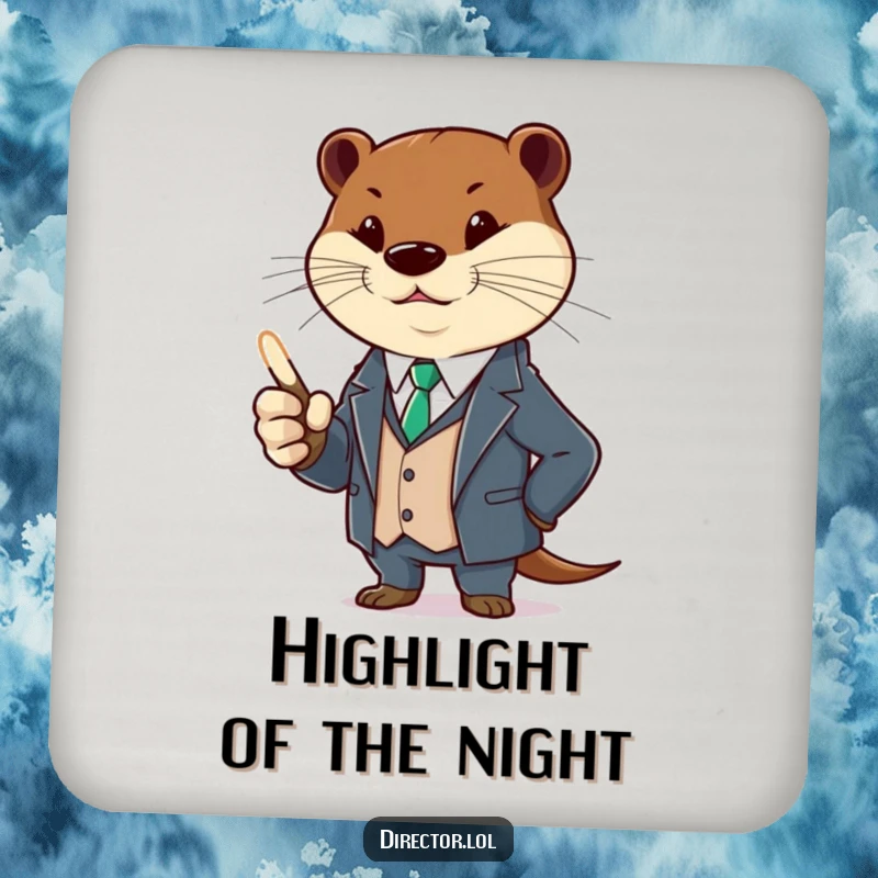 Funny otter in a suit, holding a glowing pointer, gesturing. A humorous and protective drink coaster, funny gift.