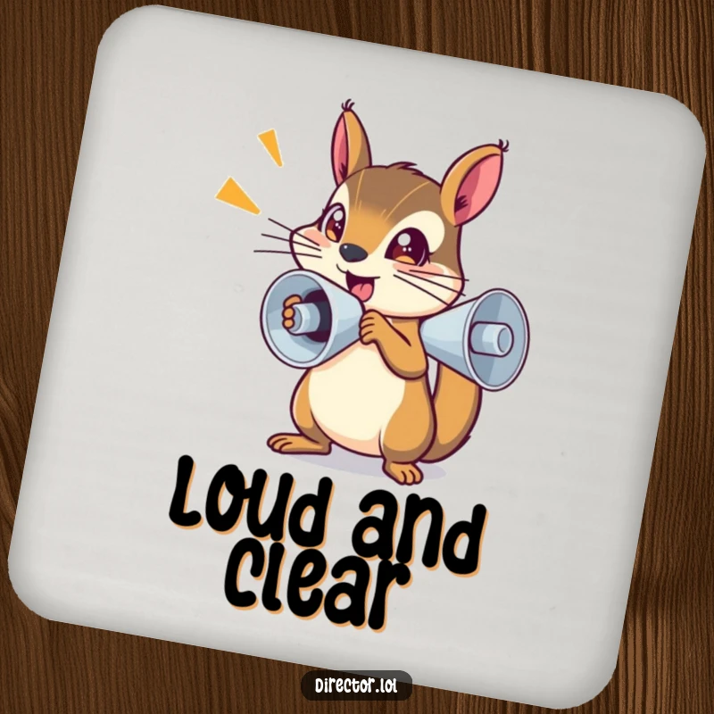 Funny Coasters: Determined squirrel with a megaphone, sparkling eyes, adds a motivational touch to drink decor.