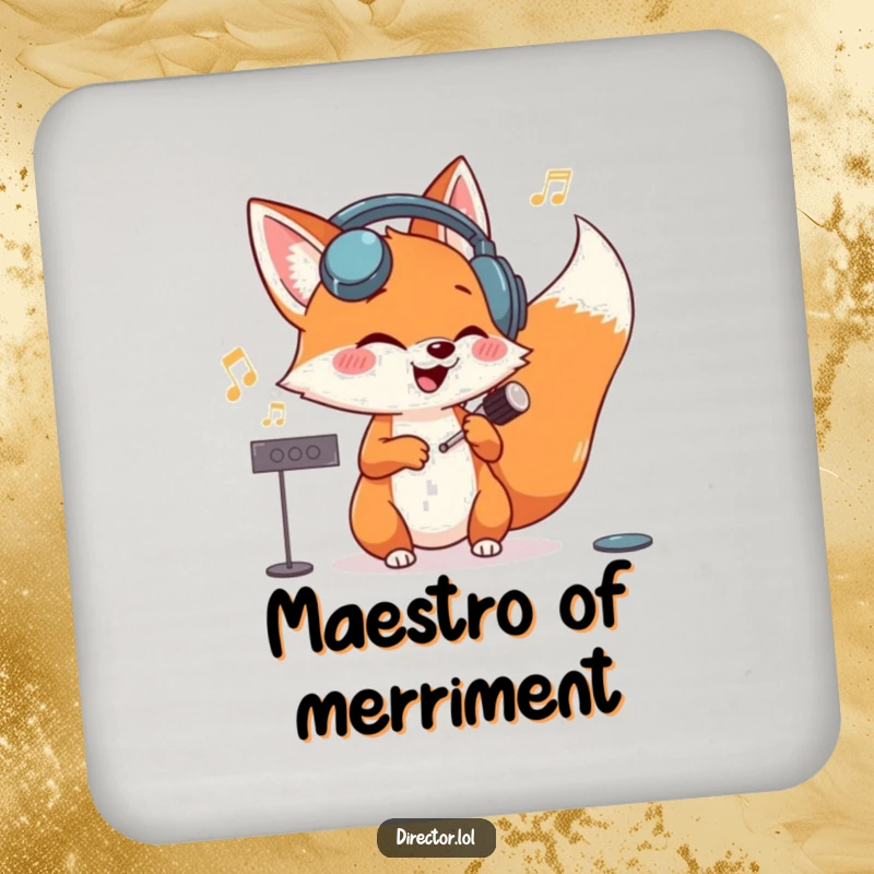 Funny giggling fox wearing headphones, conducting an invisible orchestra with glee on this artistic and protective drink coaster.