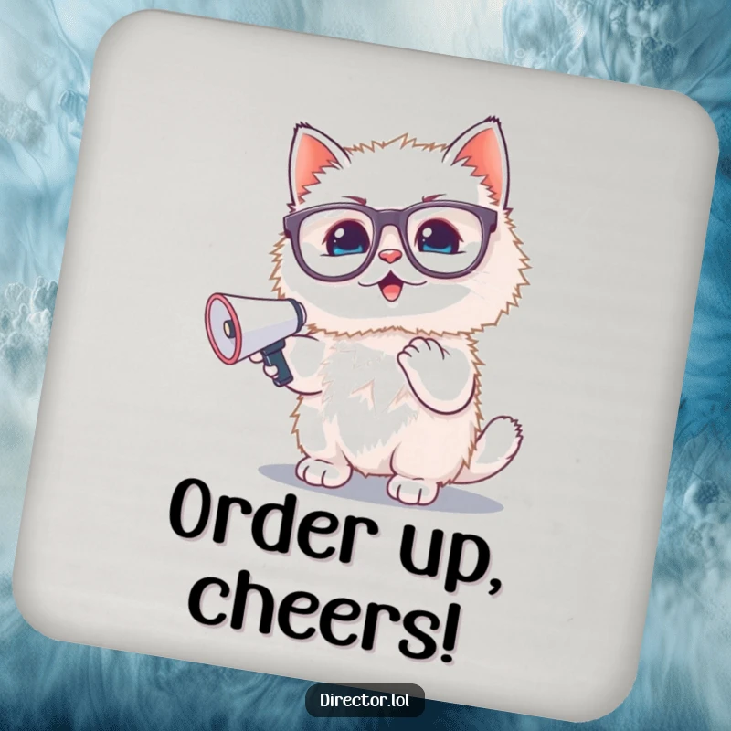 Funny drink coaster: A fluffy white kitten wearing oversized glasses enthusiastically waves a tiny megaphone, protecting surfaces with humor.