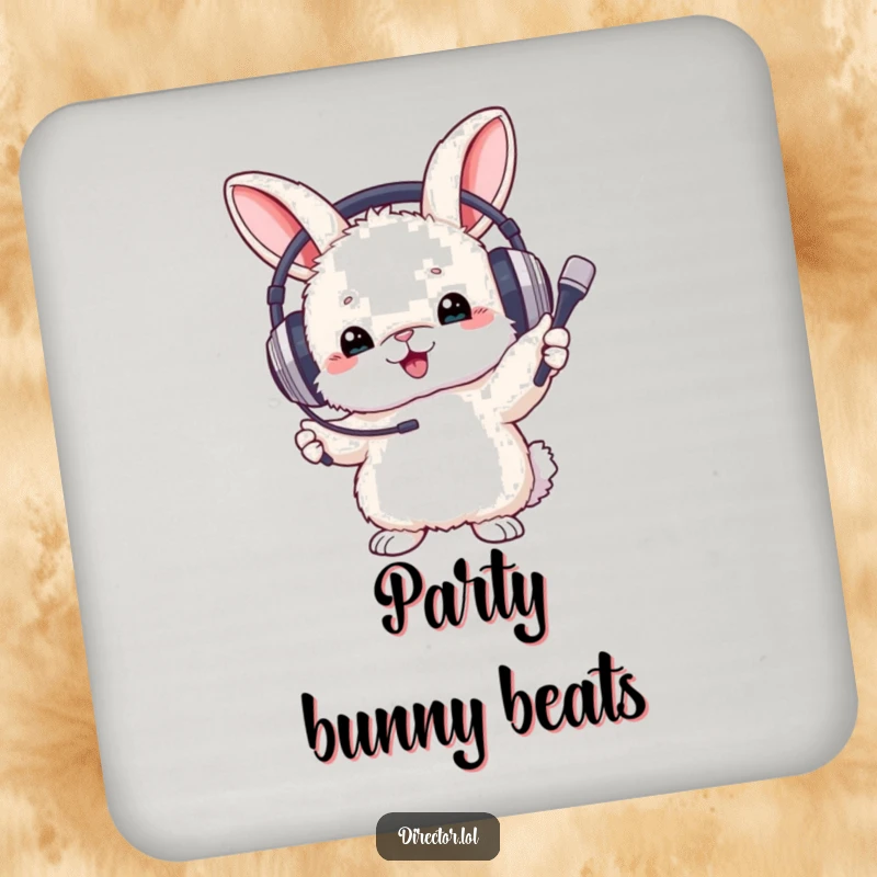 Funny Coaster showing a fluffy bunny with headphones, enthusiastically conducting music with a tiny baton.